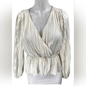 Japna Cream Medium Pleated Blouse Deep Plunge V-neck With Bishop Sleeve